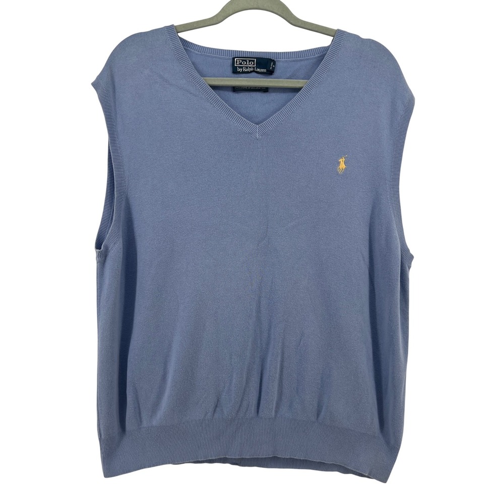 Polo Ralph Lauren Mens XL Blue Pima Cotton V-Neck Sweater Vest Yellow Pony Logo